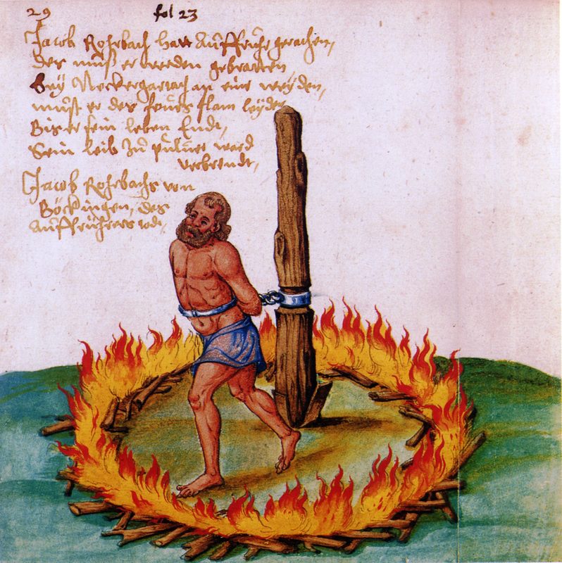 Farmer's leader Jäcklein Rohrbach is burned alive in Neckargartach in 1525.