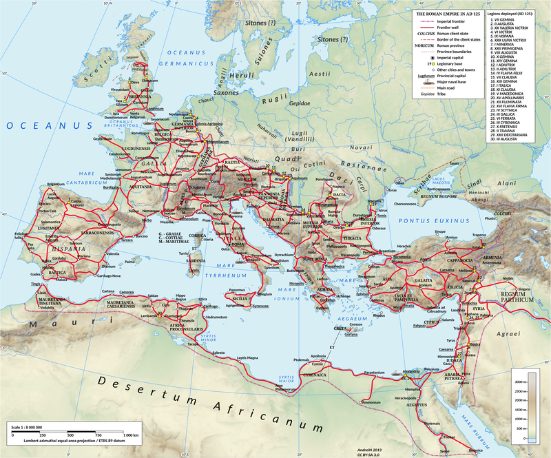The Roman Empire in the time of Hadrian (r. 117–138), showing the network of main Roman roads.
