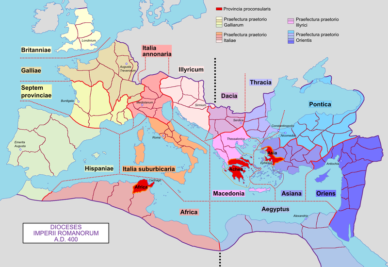 Map of the Roman Empire with its dioceses, around 400 CE.