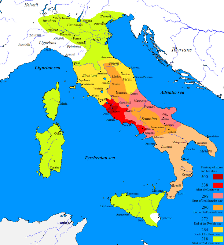 Roman expansion in Italy from 500 to 218 BCE through the Latin War (light red), Samnite Wars (pink/orange), Pyrrhic War (beige), and First and Second Punic wars (yellow and green). Cisalpine Gaul (238–146 BCE) and Alpine valleys (16–7 BCE) were later added. The Roman Republic in 500 BCE is marked with dark red.