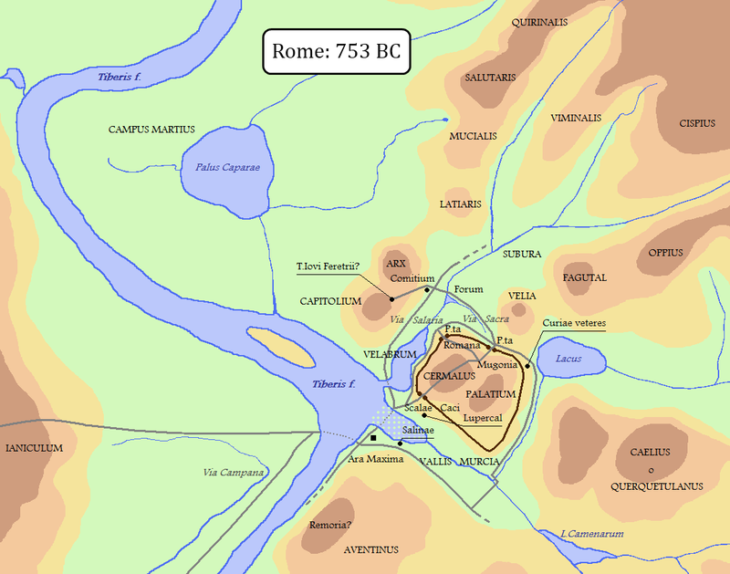Modern reconstruction of the marshy conditions of early Rome, along with a conjectural placement of the early settlement and its fortifications.