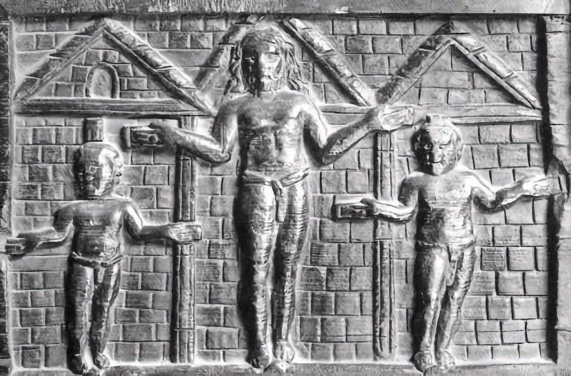 A depiction of the crucifixion on the wooden door of Santa Sabina, Rome. This is one of the earliest surviving depictions of the crucifixion of Christ.
