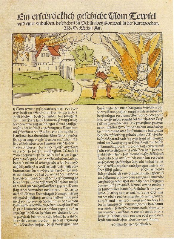 Leaflet with the burning of an alleged witch who is said to have burned the town of Schiltach with the devil in 1531.