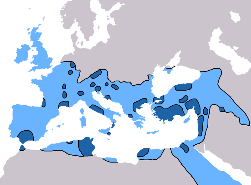 Map showing the spread of Christianity to 325 CE (dark blue) ans to 600 CE (light blue).