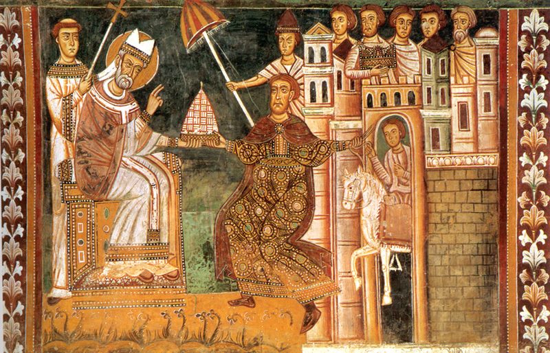 A 13th-century fresco of Sylvester I and Constantine the Great, showing the purported Donation (Santi Quattro Coronati, Rome).