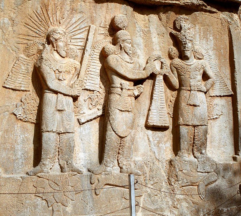 Relief at Taq-e Bostan: Investiture of Ardashir II with the depiction of Mithras behind and Ahura Mazda in front of the Sassanid Iranian Great King.