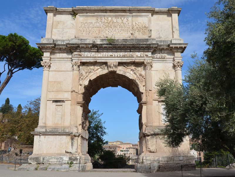 The Arch of Titus in Rome, an early Roman imperial triumphal arch with a single archway, built c. 81 CE by Emperor Domitian to commemorate his brother Titus's victory together with their father, Vespasian, over the Jewish rebellion in Judaea.
