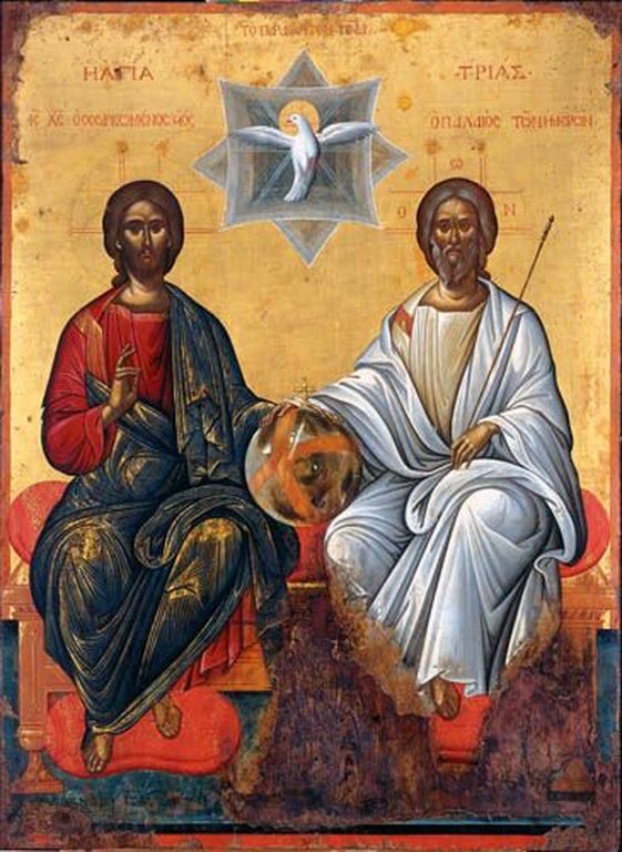 The Trinity with the globe - God the Father on the right, Jesus Christ on the left, and a white dove symbolizing the Holy Spirit above. Jesus and God depicted holding their hands on a globe, symbolizing their dominion over the world. Icon by Elias Moskos or Michail Damaskinos, 16th c.