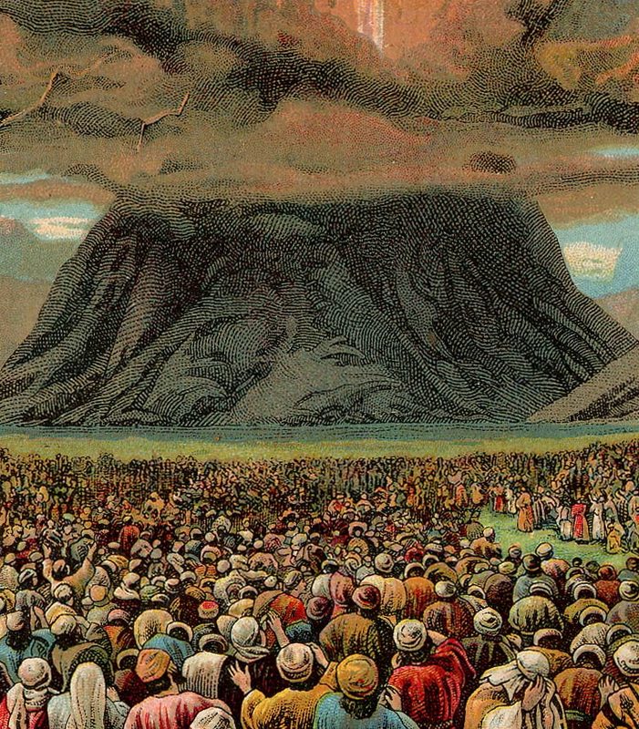 The mass-revelation at Mount Horeb, illustration from a Christian Bible card published by the Providence Lithograph Company, 1907.