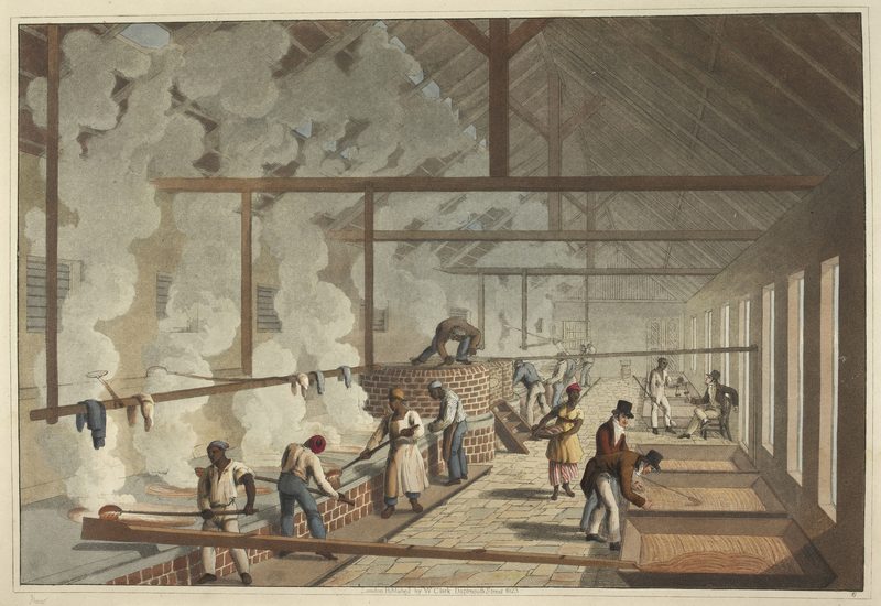 Enslaved people inside a sugar boiling house on the island of Antigua in 1823.