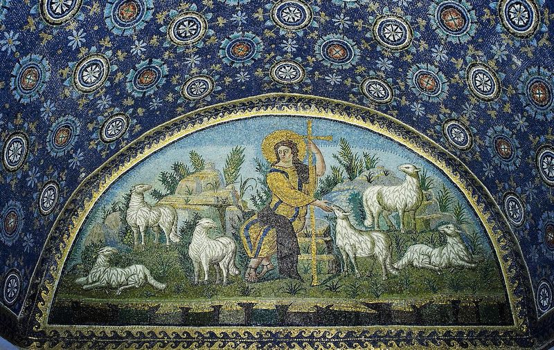 Mosaic in the entrance lunette of the mausoleum of Galla Placidia, depicting Jesus as The Good Shepherd, between 424 and 450.