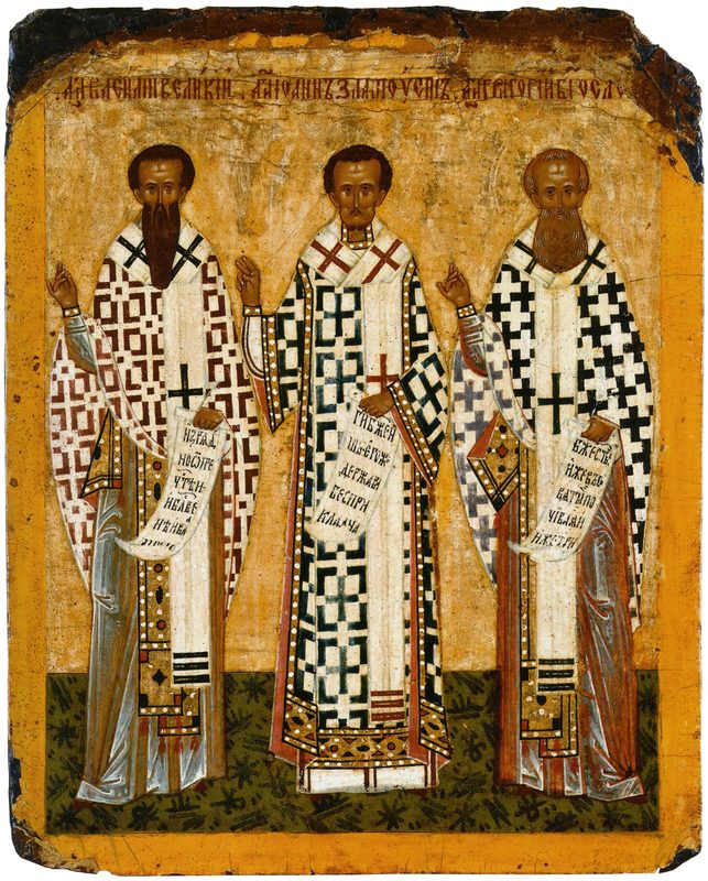 John Chrysostom with Basil of Caesarea and Gregory of Nazianzus on a late-15th-century icon of the Three Holy Hierarchs from the Cathedral of St Sophia, Novgorod.