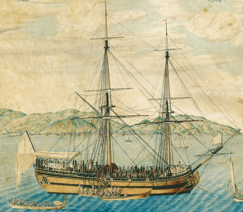 Painting of the Marie Séraphique upon arrival at a port in Saint-Domingue, Haiti (top), in 1773, by Jean-René L'Hermite.