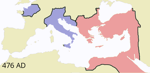The Roman Empire in 476 CE, with the remains of the Western empire in violet and the Eastern empire in red.