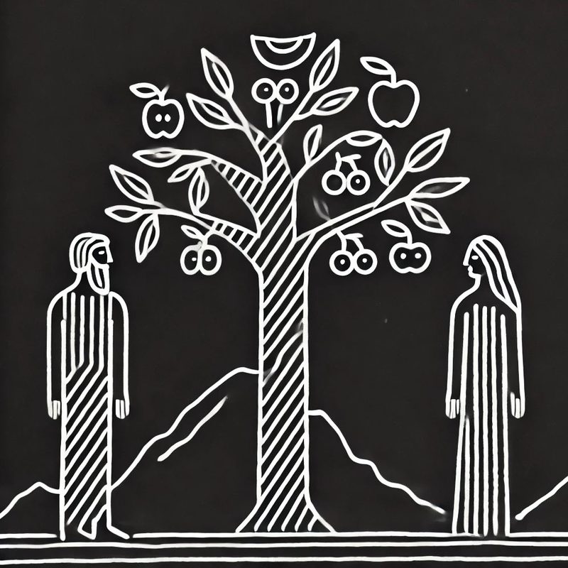 Adam and Eve and the Tree of Paradise, interpreted and generate by DALL•E.