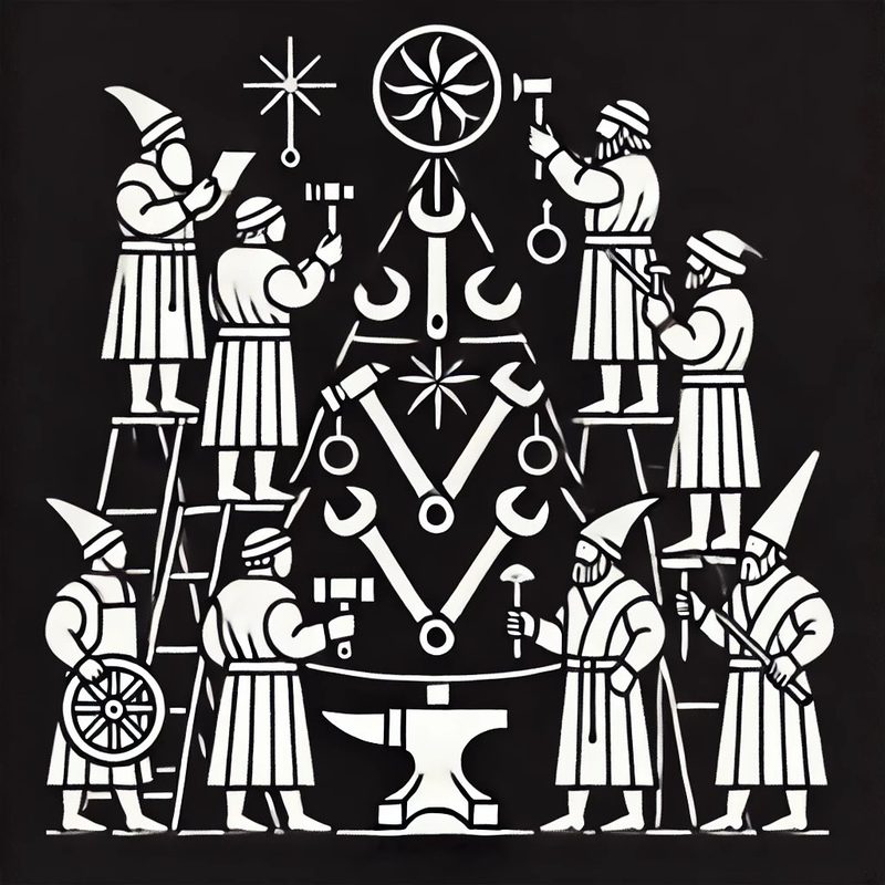 Guilds decorating a Christmas tree, interpreted and generate by DALL•E.