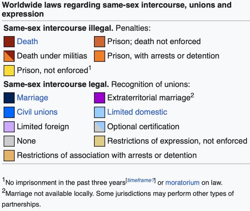 Worldwide laws regarding same-sex intercourse, unions and expression.