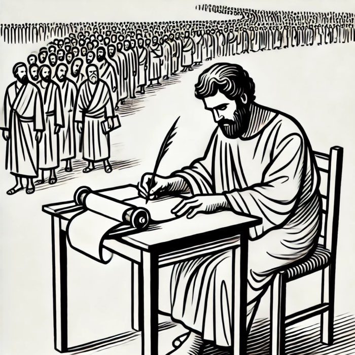 Paul writing his epistles, shaping Christianity, interpreted by DALL•E.