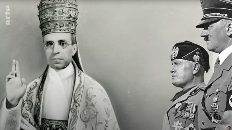 Pope Pius XII on the left, Adolf Hitler and Benito Mussolini on the right (photomontage).