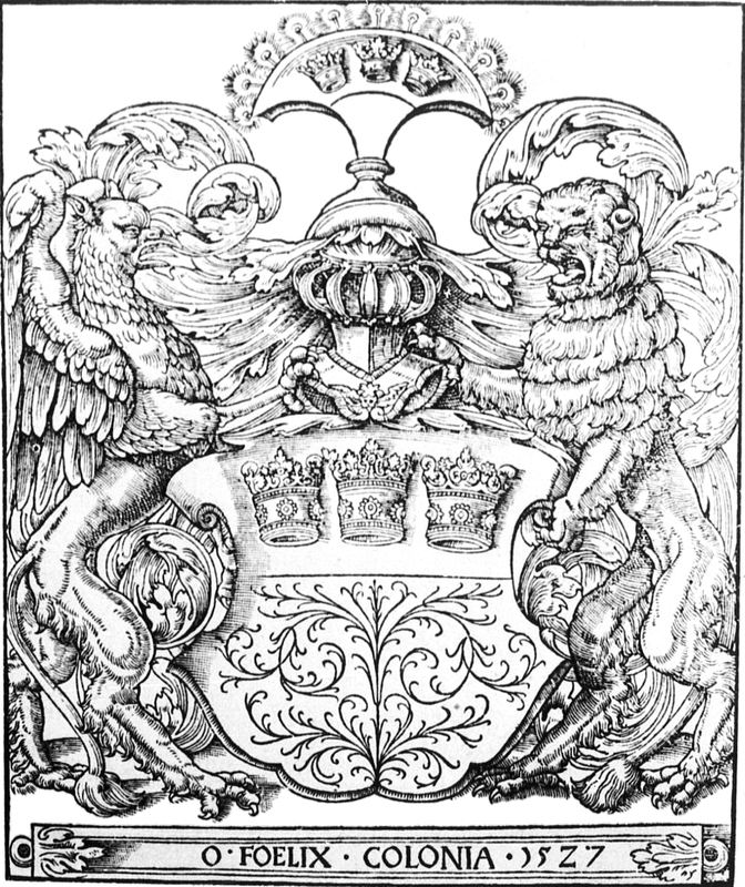Cologne coat of arms with lion and griffin as a coat of arms holder around 1527.