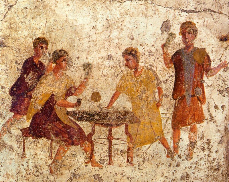 Dice players in a wall painting from Pompeii.