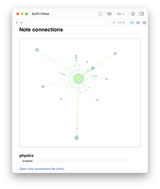 Example of a graph generated by the script, showing the local connections around a note, where I've listed all my favorite Science Fiction movies.