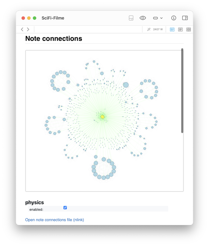 The generated graph for the same SciFi-Filme note as above, but this time with physics simulation enabled via `pyvis`.