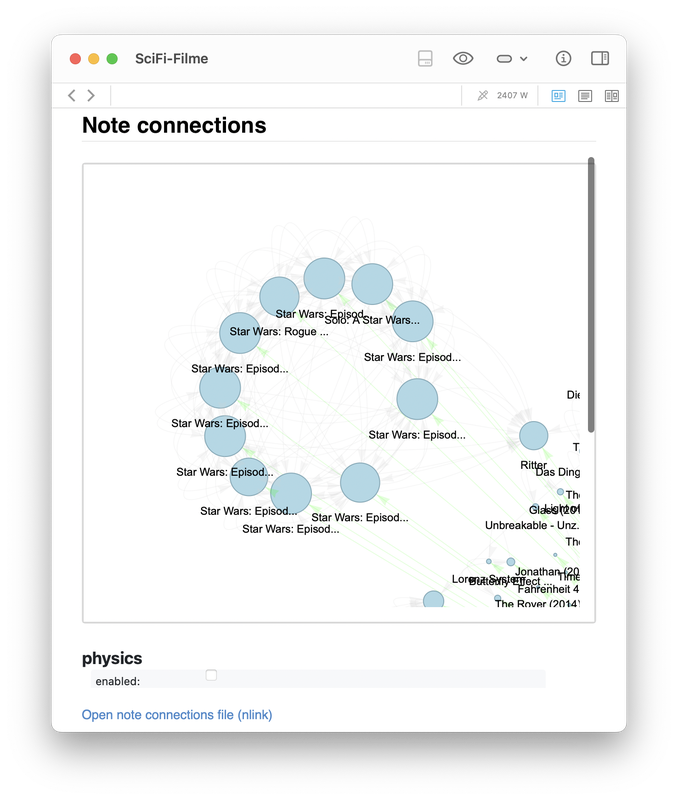 Zoomed-in views of the generated graph for the SciFi-Filme note, showing distinct clusters.