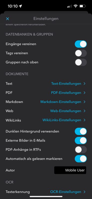 The WikiLinks settings menu in DEVONthink To Go