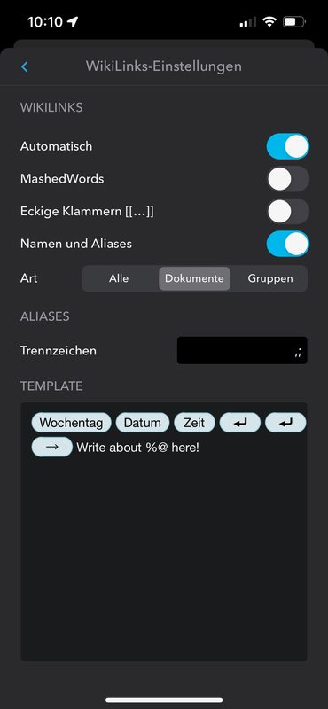 The WikiLinks settings menu in DEVONthink To Go