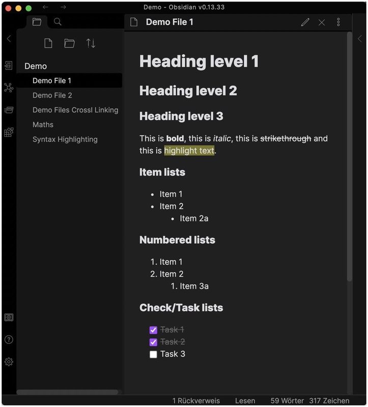 The Markdown editor Obsidian (desktop app): The rendered Markdown text in preview mode.
