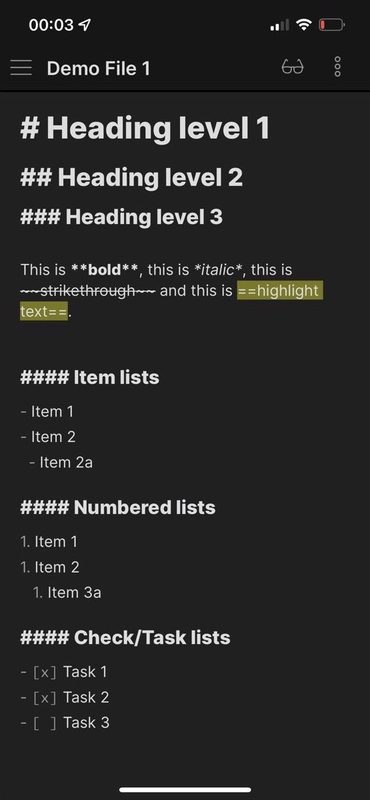 The Markdown editor Obsidian: Text with basic Markdown formatting commands in edit mode.
