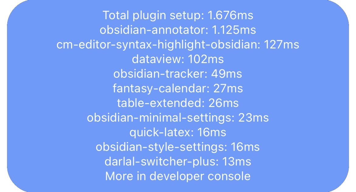 Start times of the my installed plugins in the Obsidian mobile app. img