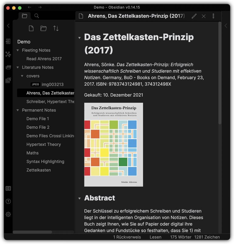Literature note on the Zettelkasten method (in edit mode).