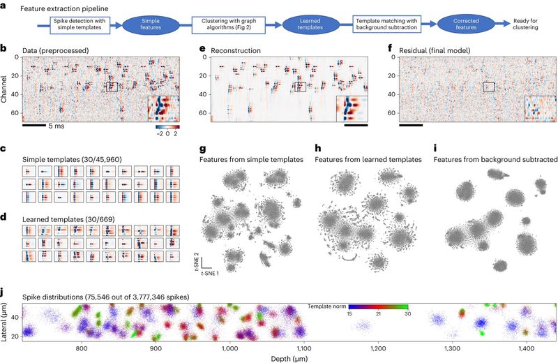Figure 1 (panels a–j) from Marius Pachitariu et al. (2024) illustrates the spike detection and feature extraction pipeline used in Kilosort4, exemplifying the analytical complexity introduced by large-scale neural recordings.