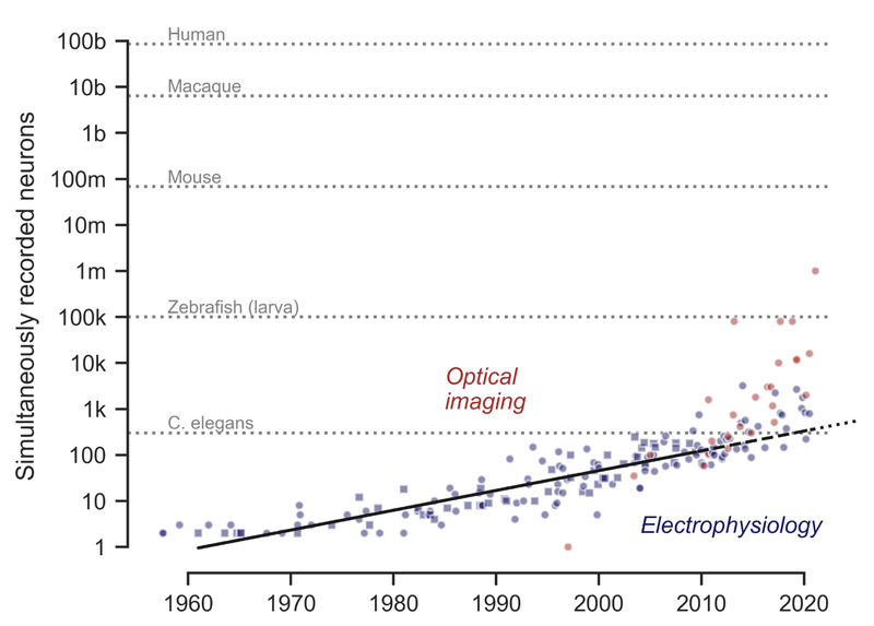 Figure 2 from Anne E. Urai et al. (2021) summarizes the scaling of neural recording technologies across modalities and species.