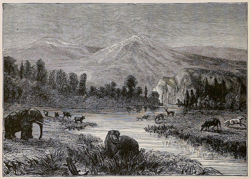 19th-century artist's impression of a Pliocene landscape.