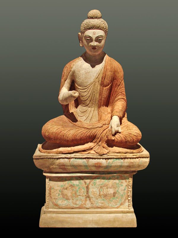 Statue depicting Buddha giving a sermon, from Sarnath, 3,000 km southwest of Urumqi, Xinjiang, 8th century.