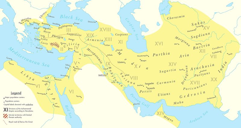 Map of the Achaemenid Empire's greatest territorial extent, achieved during the reign of Darius the Great (522–486 BCE).