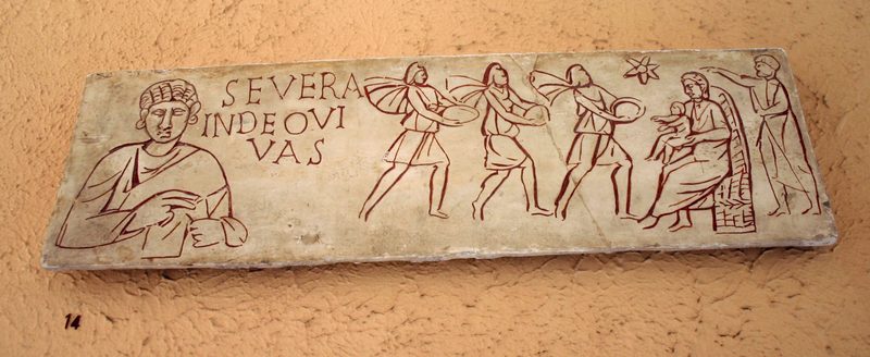 Incised sarcophagus slab with the Adoration of the Magi from the Catacombs of Rome, 3rd century.