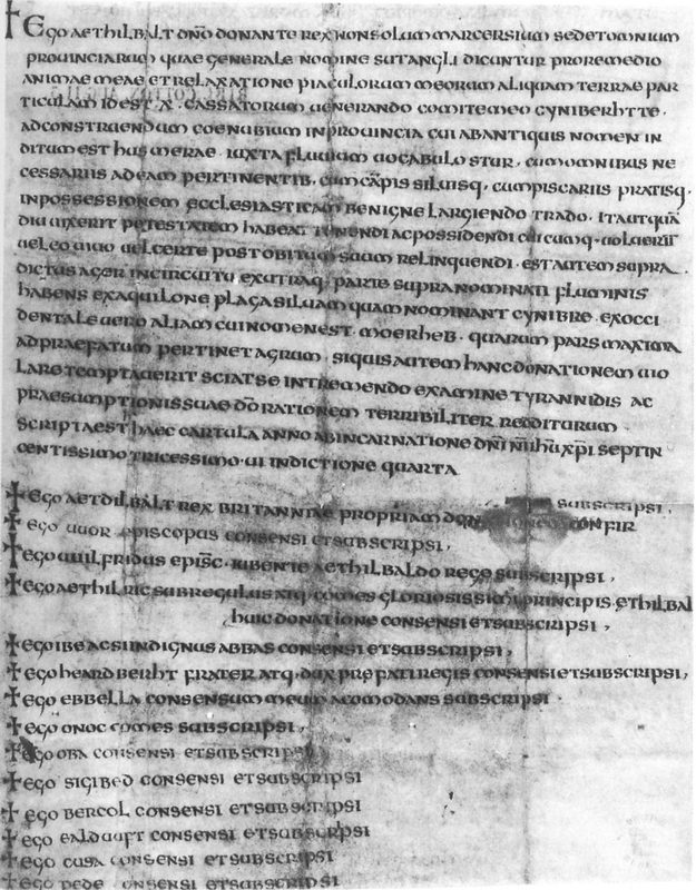 The charter of Æthelbald of Mercia from the year 736 is one of the first documents dated according to the year of incarnation of Jesus Christ (Anno Domini).