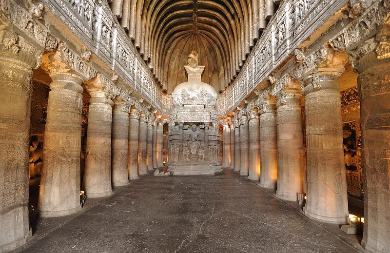 Buddhist 'Chaitya Griha' or prayer hall, with a seated Buddha, Cave 26 of the Ajanta Caves.