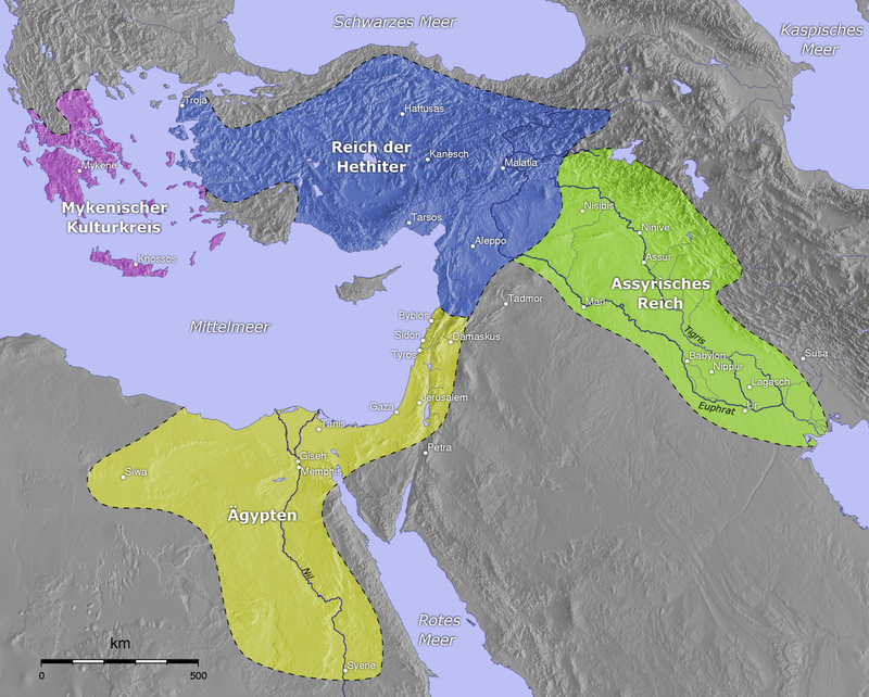 Mediterranean, Mesopotamian and Egypt civilizations around 1230/20 BCE, with the Hittite Empire in blue, Egypt in yellow and the Assyrian Empire in green