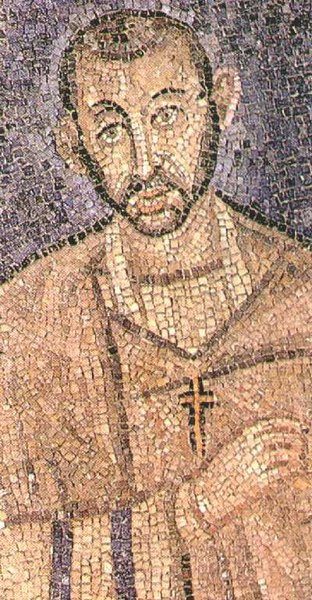 Detail from possibly contemporary mosaic of Ambrose in the Basilica of Sant'Ambrogio, c. 380–500.