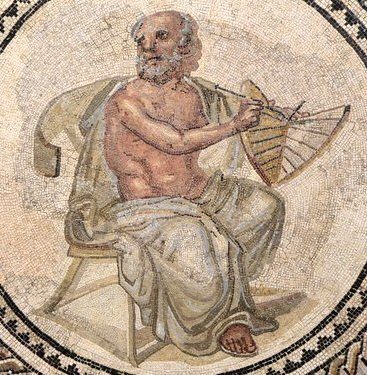 Ancient Roman mosaic from Johannisstraße, Trier, dating to the early third century CE, showing Anaximander holding a sundial.