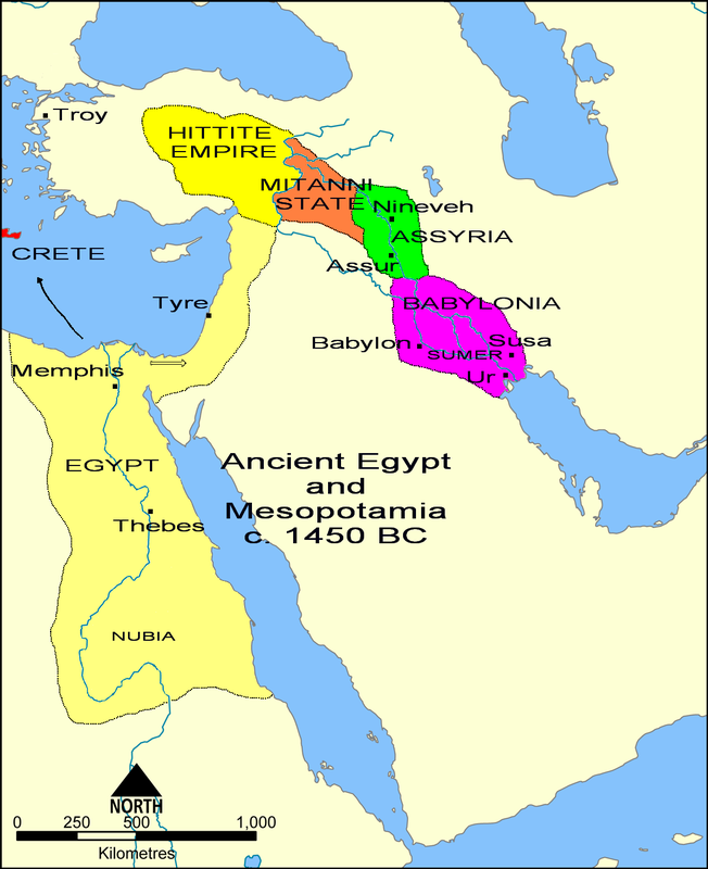 Map of ancient Egypt and Mesopotamia around 1450 BCE, showing the territories of the core  civilizations at that time.