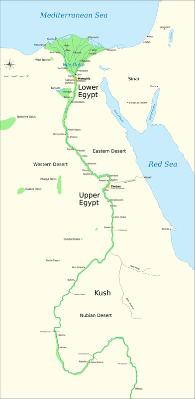 Map of ancient Egypt, showing major cities and sites of the Dynastic period (c. 3150 to 30 BCE).