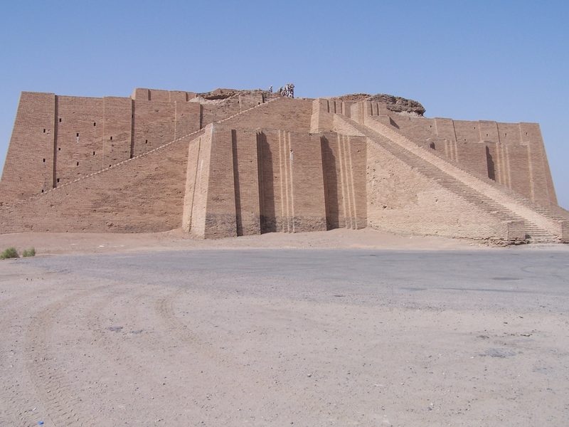 Partially reconstructed facade and access staircase of the Ziggurat of Ur, originally built by Ur-Nammu, circa 2100 BCE.