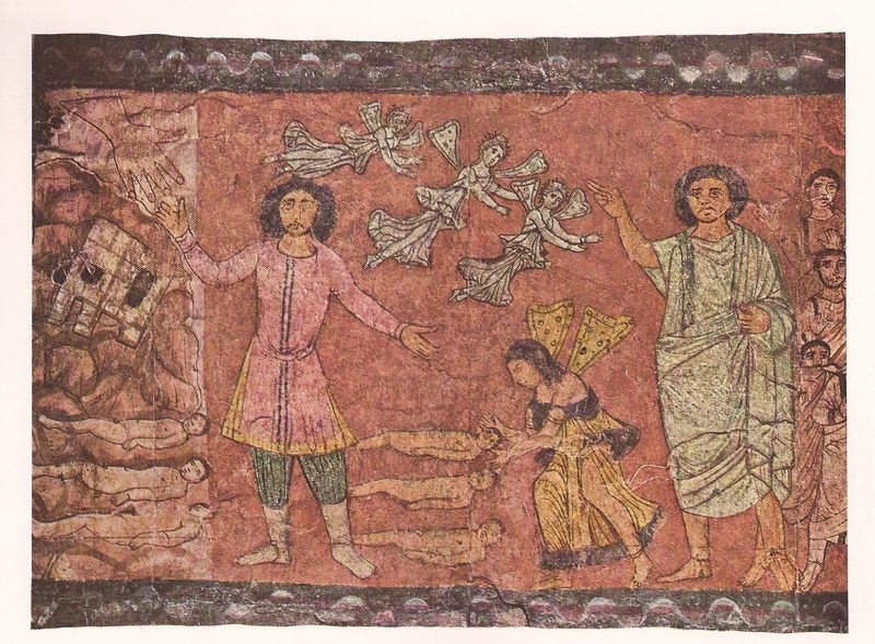 Angels with butterfly wings restoring life in a mural from the Dura Europos synagogue.