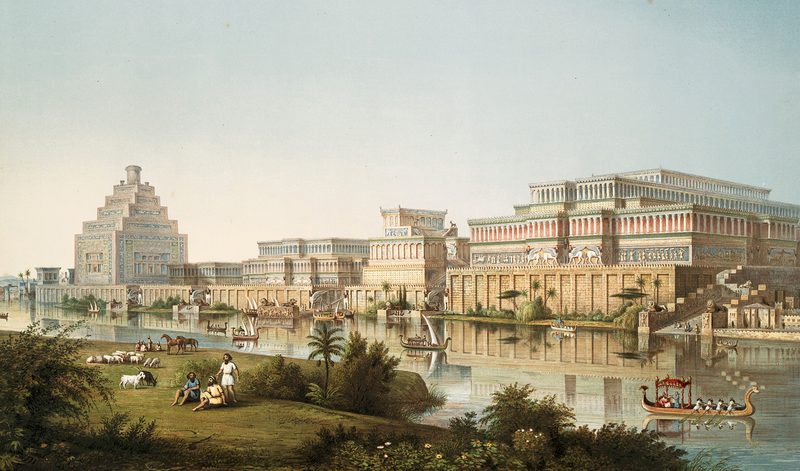 Artist's impression of Assyrian palaces from The Monuments of Nineveh by Sir Austen Henry Layard, 1853.